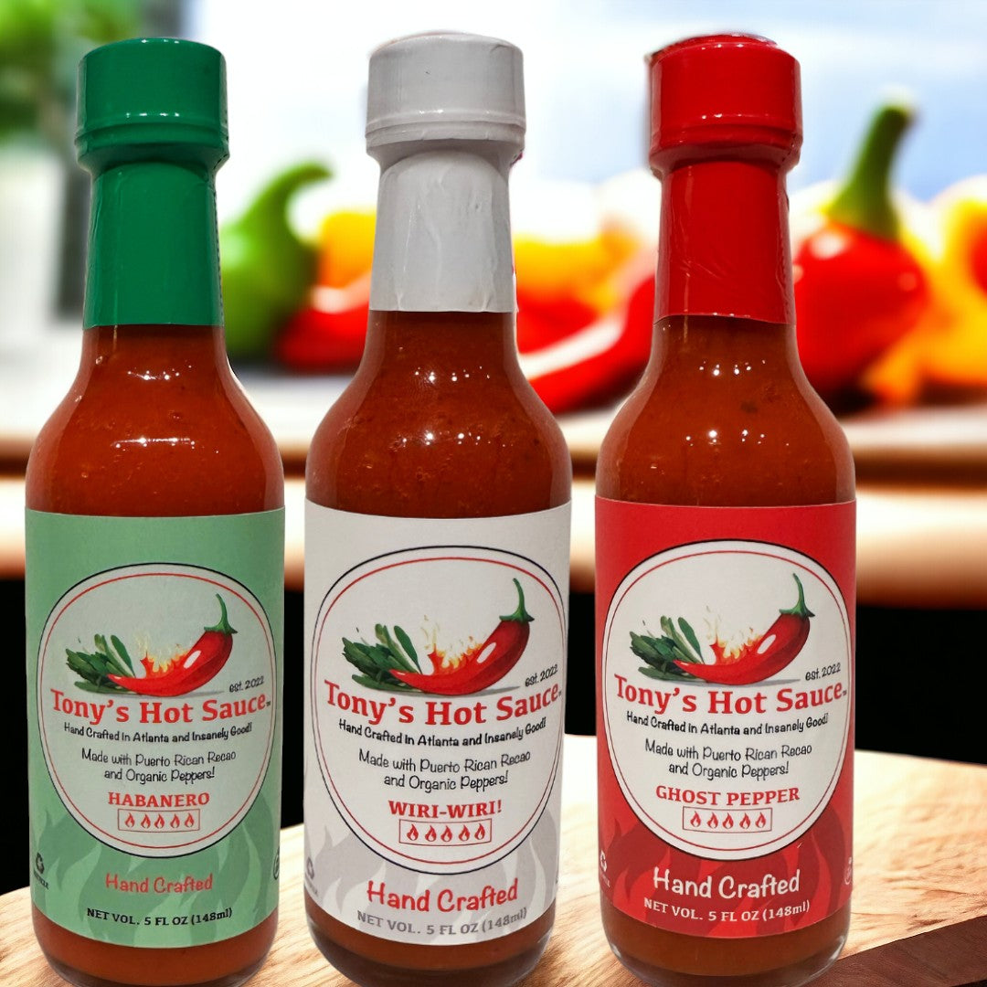 Salsa picante artesanal Tony's, paquete combinado de 3 botellas de 5 oz: "Habanero, Wiri Wiri y Ghost Pepper"