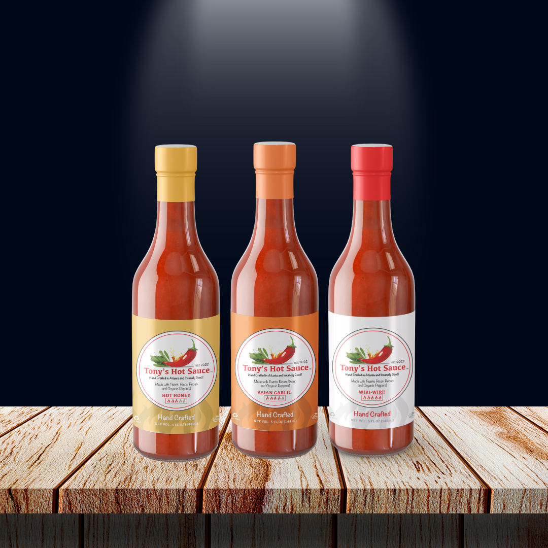 Conjunto combinado de 3 botellas de salsa picante artesanal Tony's de 5 oz: ajo asiático, jalapeño caribeño y miel picante