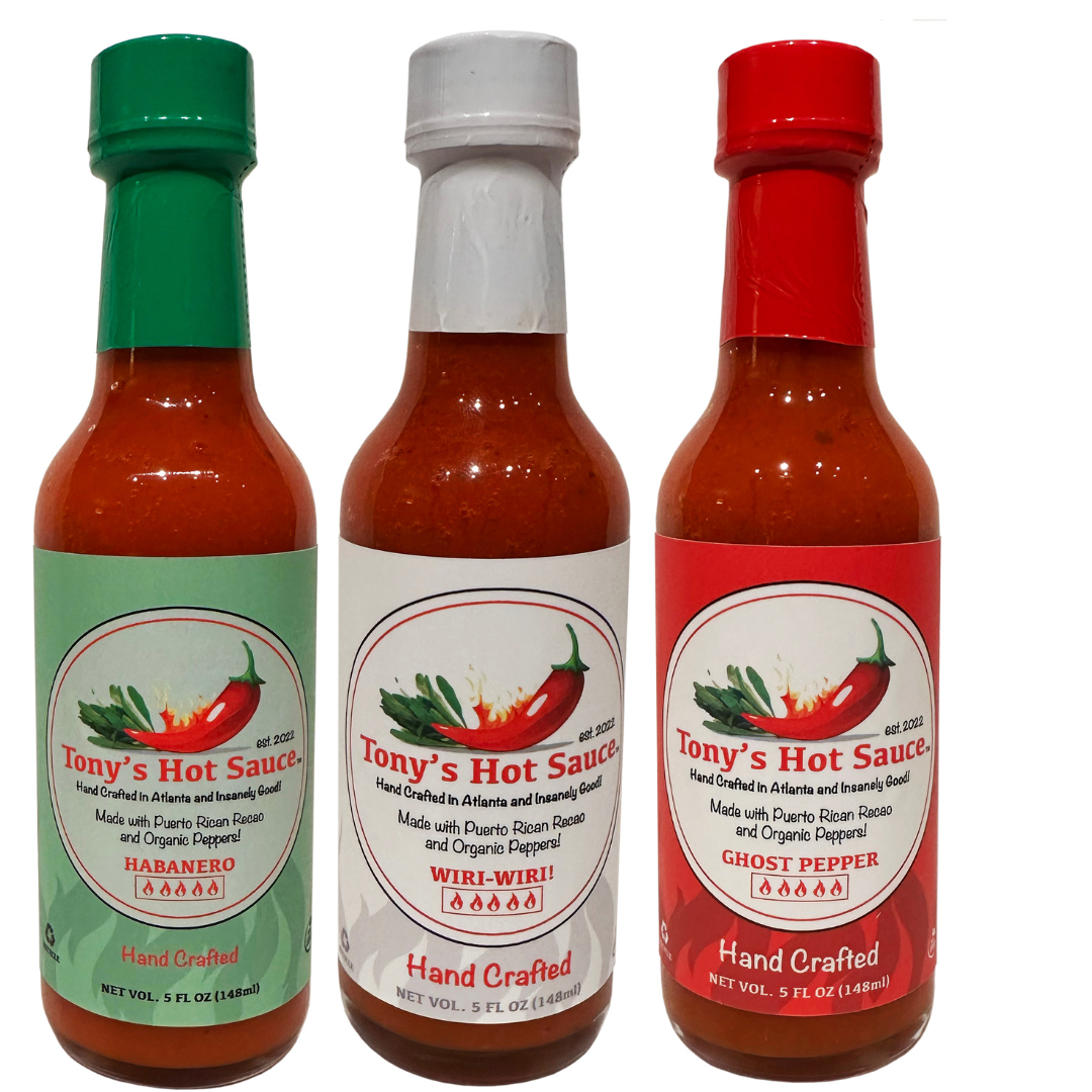 Salsa picante artesanal Tony's, paquete combinado de 3 botellas de 5 oz: "Habanero, Wiri Wiri y Ghost Pepper"