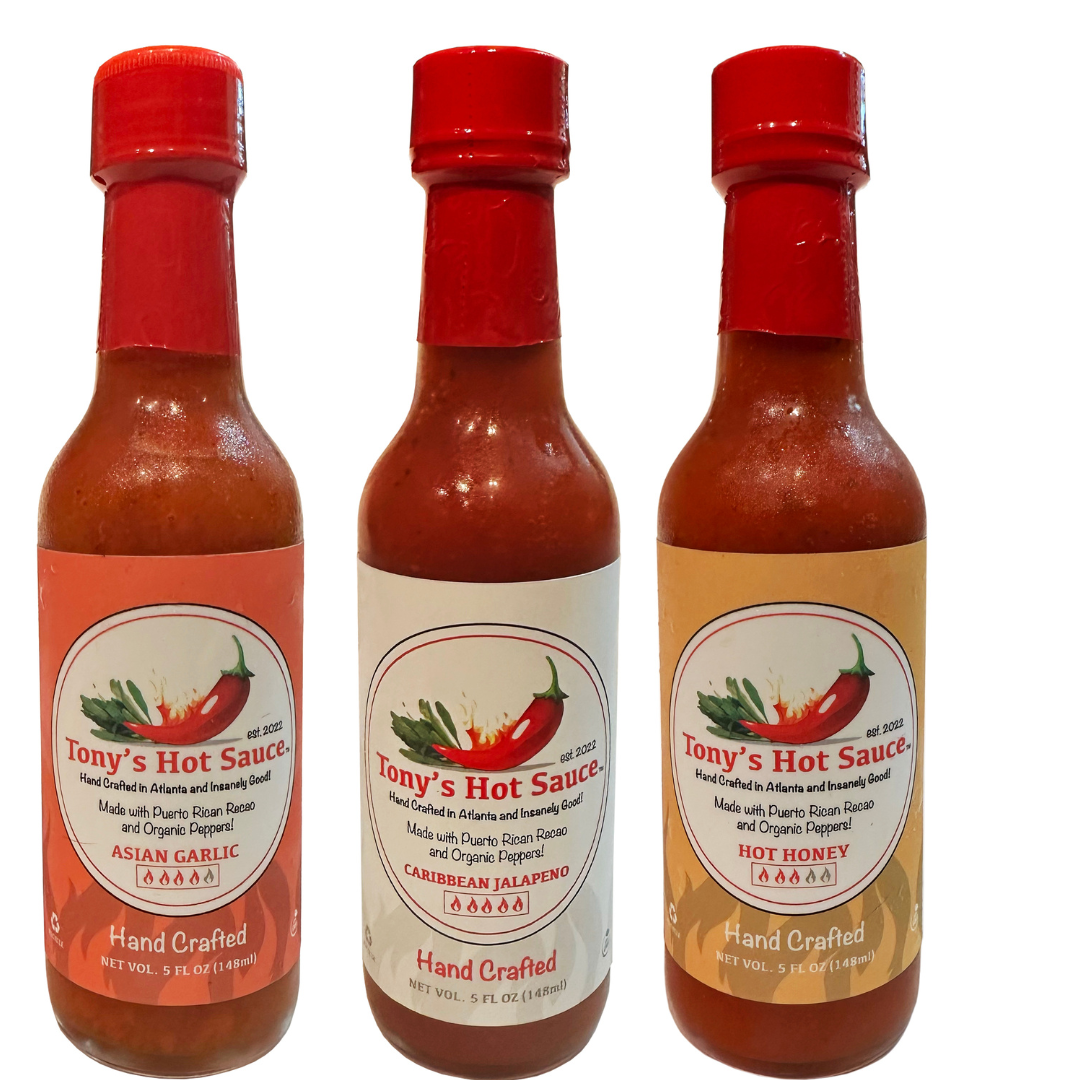 Conjunto combinado de 3 botellas de salsa picante artesanal Tony's de 5 oz: ajo asiático, jalapeño caribeño y miel picante