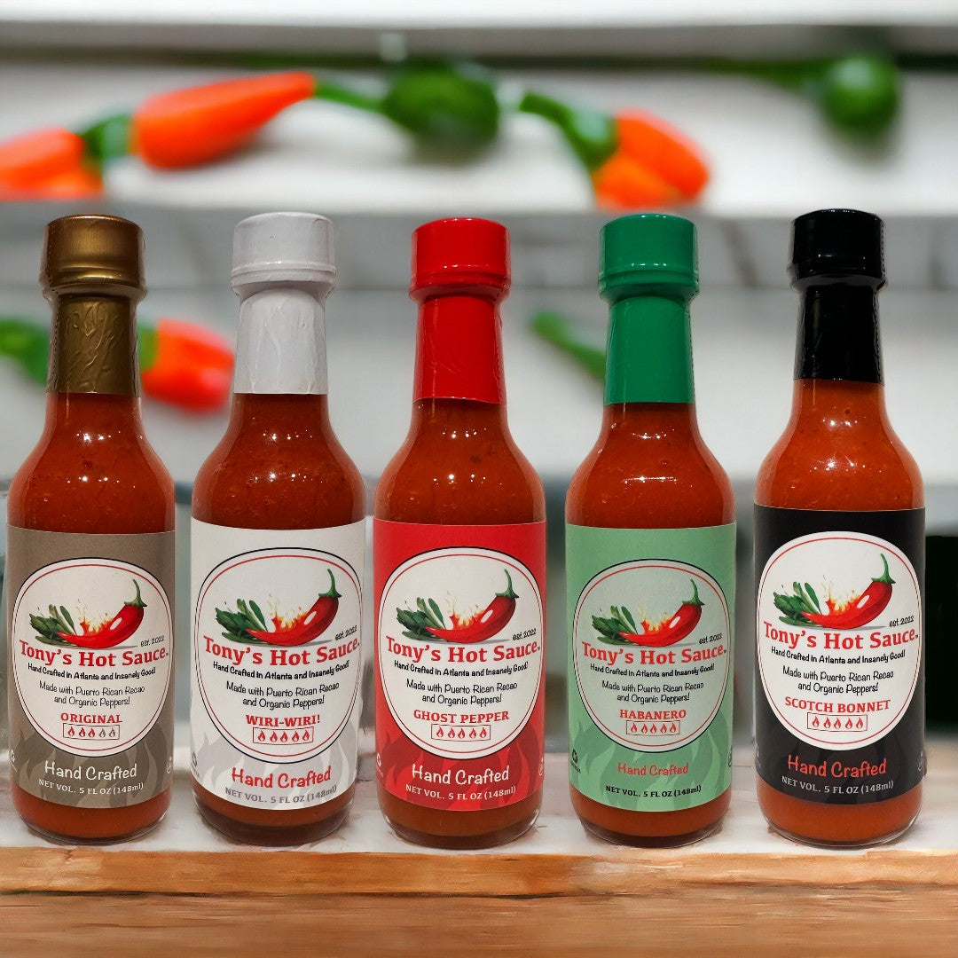 Salsa picante artesanal de Tony: set de regalo de 5 botellas (botellas de 5 oz)