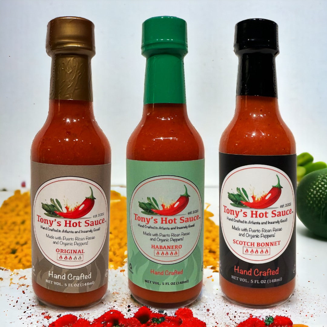 Conjunto combinado de 3 botellas de salsa picante Tony's Handcrafted de 5 oz: original, habanero y Scotch Bonnet